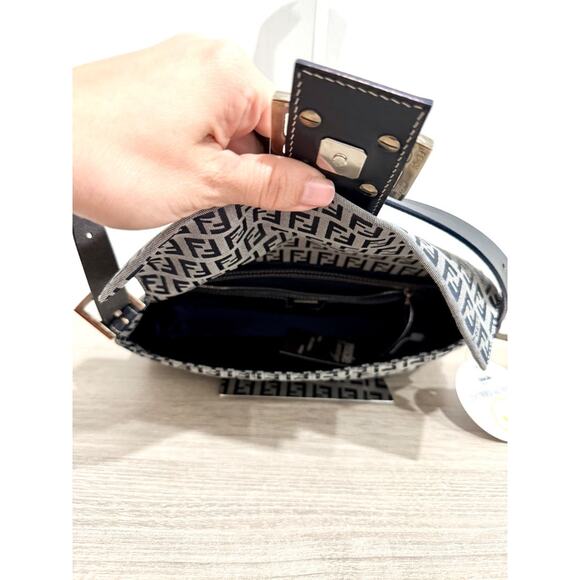 Fendi Zucchino Canvas & Leather Baguette Shoulder Handbag Light Gray/Navy Blue - Picture 13 of 16